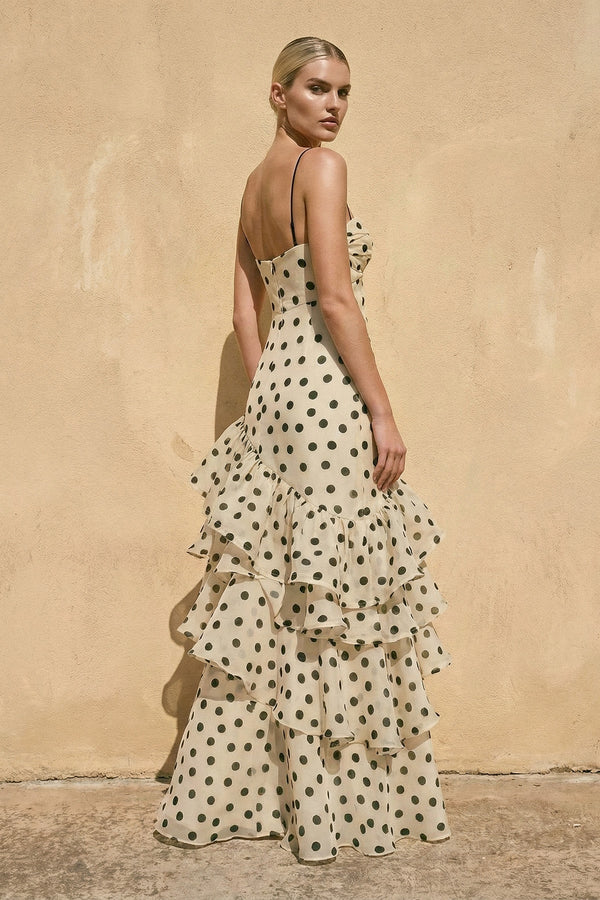 Polka Dot Ruffled Spaghetti Straps Gown in Champagne - SHE IS ME