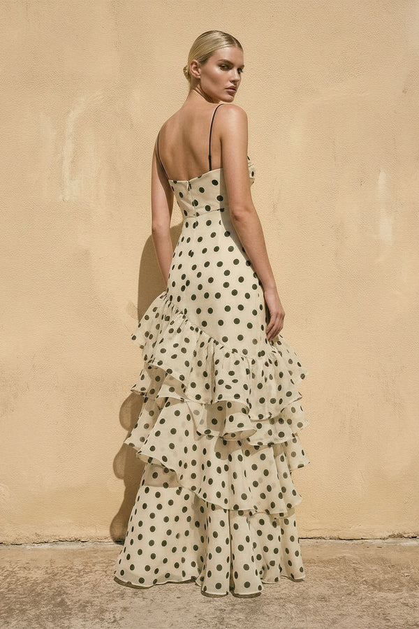 Polka Dot Ruffled Spaghetti Straps Gown in Champagne - SHE IS ME