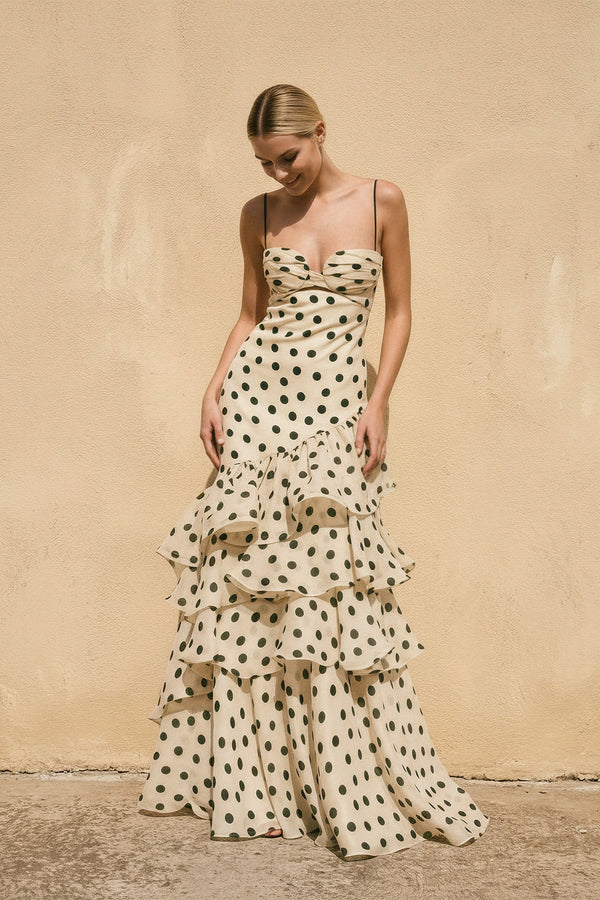 Polka Dot Ruffled Spaghetti Straps Gown in Champagne - SHE IS ME