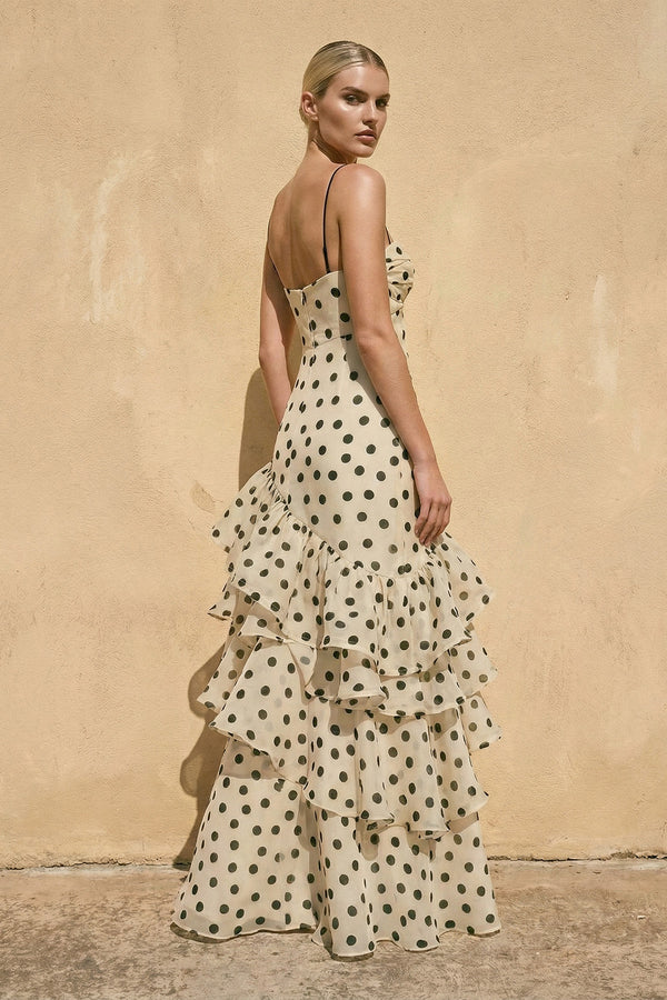 Sheisme-champagne Spaghetti Straps Chiffon Sheath Maxi Polka Dot Evening Formal Dress