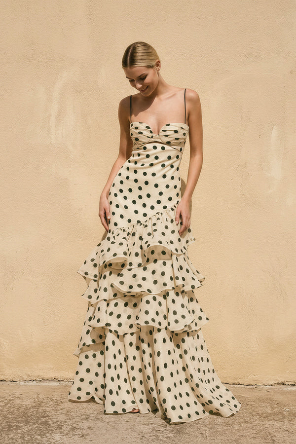 Sheisme-champagne Spaghetti Straps Chiffon Sheath Maxi Polka Dot Evening Formal Dress