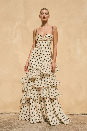 Sheisme-champagne Spaghetti Straps Chiffon Sheath Maxi Polka Dot Evening Formal Dress