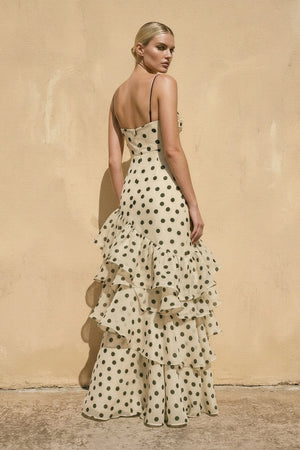 Polka Dot Ruffled Spaghetti Straps Prom Gown in Champagne - SHE IS ME PROM DRESSES