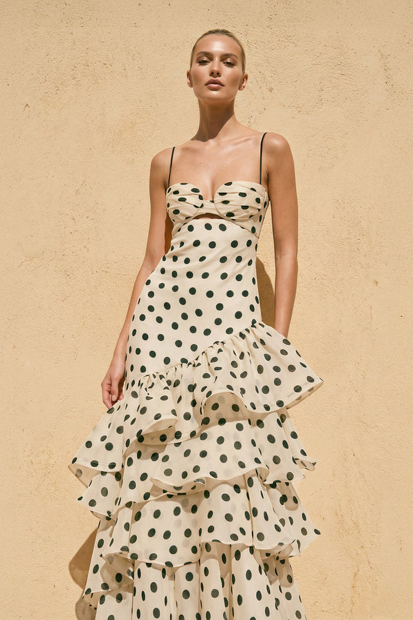 Polka Dot Ruffled Spaghetti Straps Prom Gown in Champagne - SHE IS ME PROM DRESSES