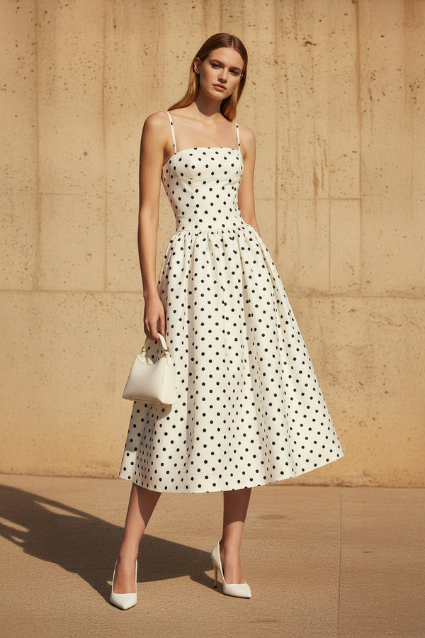 Polka Dot Spaghetti Straps Midi Dress in Ivory - SHE IS ME
