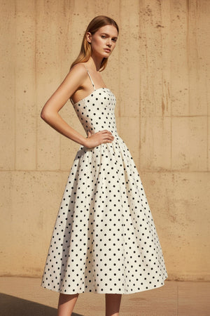 Polka Dot Spaghetti Straps Midi Dress in Ivory - SHE IS ME