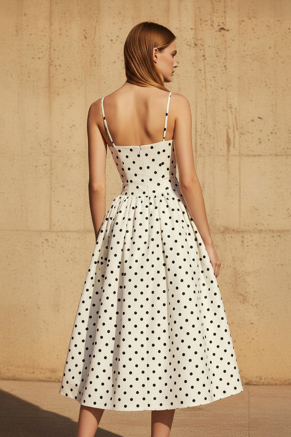 Polka Dot Spaghetti Straps Midi Dress in Ivory - SHE IS ME