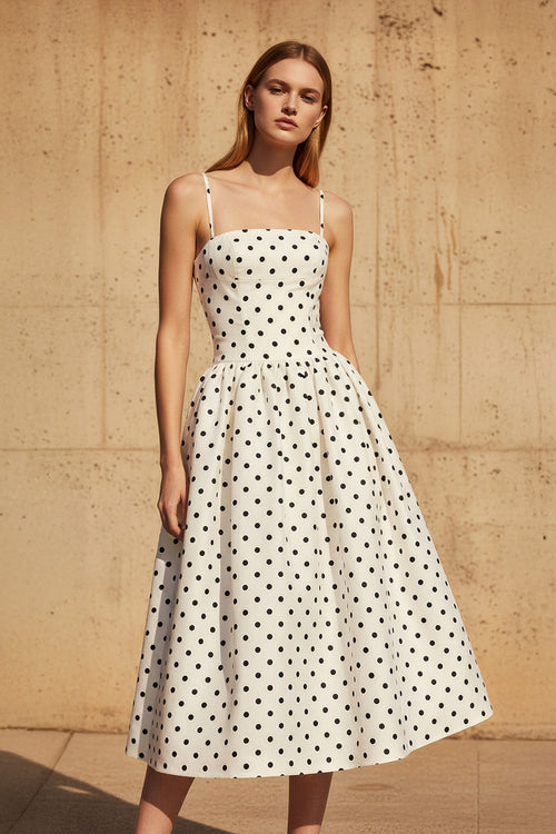 Sheisme-Black and White Polka Dot Satin Spaghetti Strap A-Line Midi Evening Formal Dress