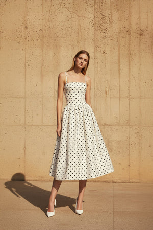 Sheisme-Black and White Polka Dot Satin Spaghetti Strap A-Line Midi Evening Formal Dress