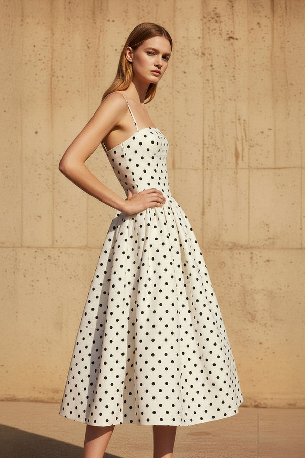 Sheisme-Black and White Polka Dot Satin Spaghetti Strap A-Line Midi Evening Formal Dress