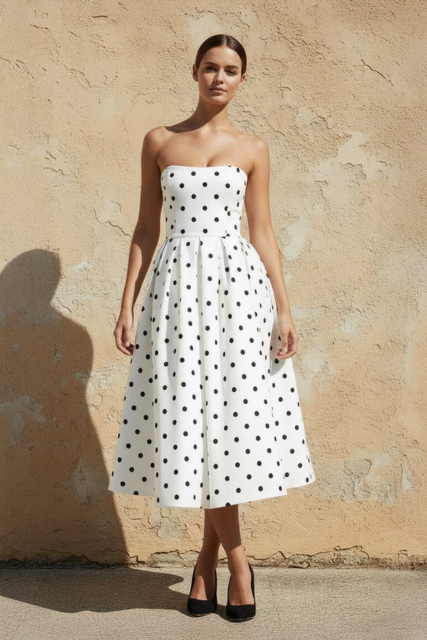 Polka Dot Strapless Midi Dress in White - SHE IS ME