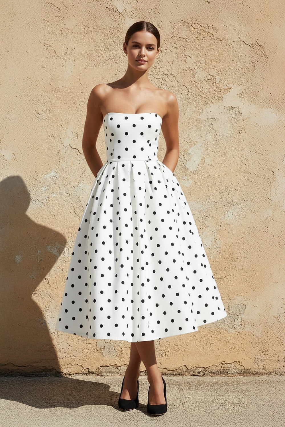Polka Dot Strapless Midi Dress in White - SHE IS ME