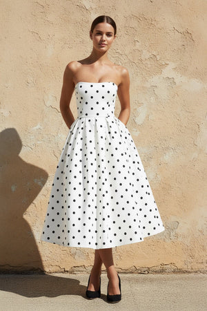 Polka Dot Strapless Midi Dress in White - SHE IS ME