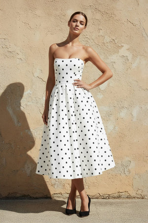 Polka Dot Strapless Midi Dress in White - SHE IS ME