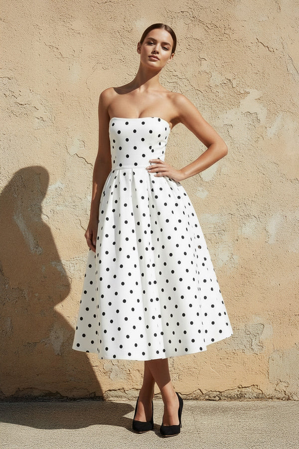 Polka Dot Strapless Midi Dress in White - SHE IS ME