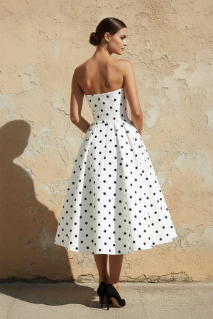 Polka Dot Strapless Midi Dress in White - SHE IS ME