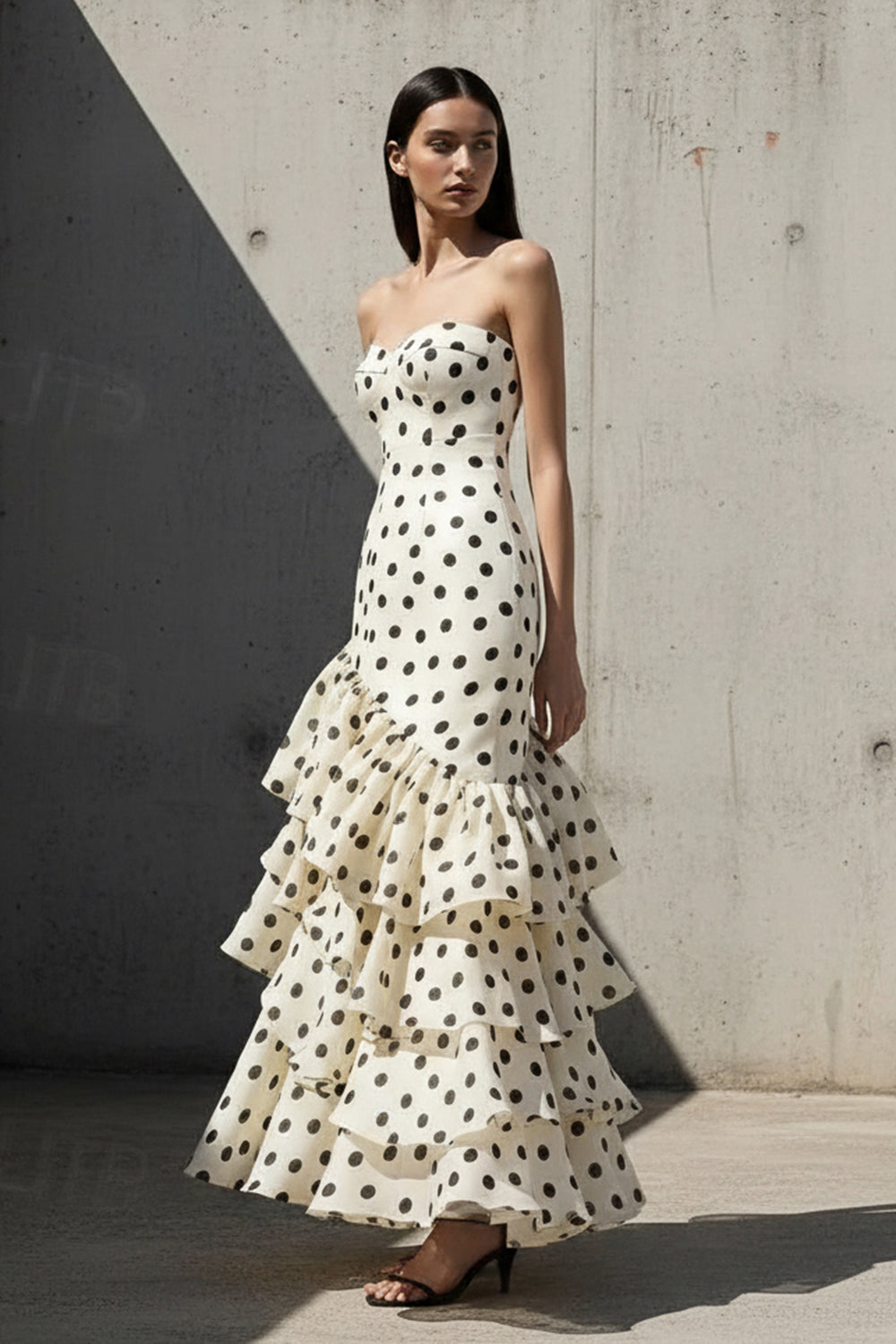 Sheisme-Champagne Chiffon Strapless Ruffled Mermaid Maxi Evening Formal Dress