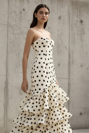 Sheisme-Champagne Chiffon Strapless Ruffled Mermaid Maxi Evening Formal Dress