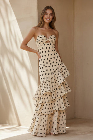 Polka Dot Strapless Ruffled Gown in Ivory - SHE IS ME