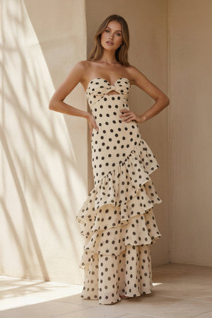 Polka Dot Strapless Ruffled Gown in Ivory - SHE IS ME PROM DRESSES