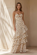 Polka Dot Strapless Ruffled Gown in Ivory - SHE IS ME