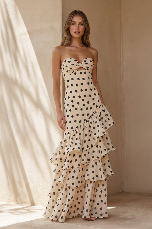 Polka Dot Strapless Ruffled Gown in Ivory - SHE IS ME