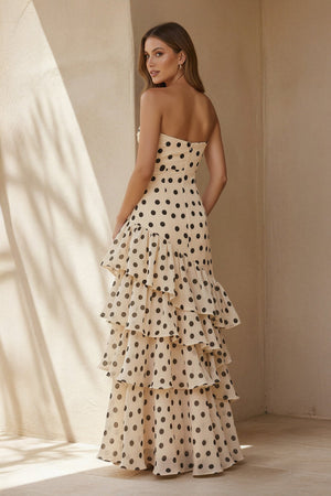 Polka Dot Strapless Ruffled Gown in Ivory - SHE IS ME