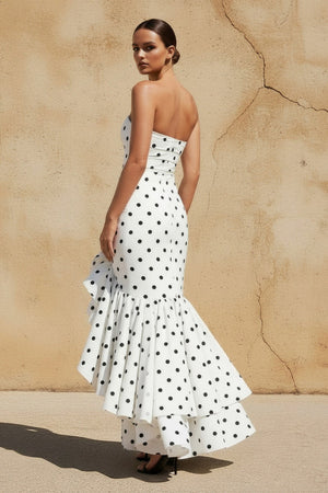 Polka Dots Ruffled Maxi Dress in White - SHE IS ME PROM DRESSES