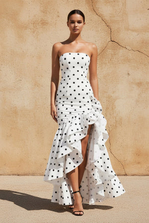 Polka Dots Ruffled Maxi Dress in White - SHE IS ME