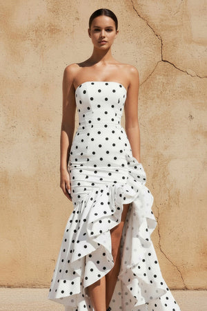 Polka Dots Ruffled Maxi Dress in White - SHE IS ME