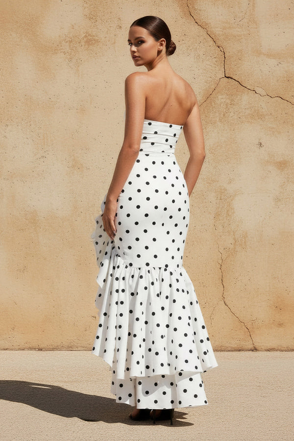 Polka Dots Ruffled Maxi Dress in White - SHE IS ME