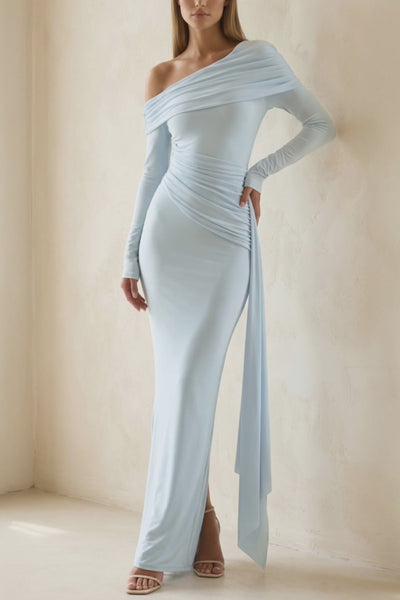 Spandex Ruched Maxi Dress with Drape in Sky Blue - SHE IS ME Prom Dresses