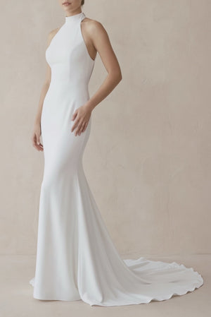 Halter Mermaid Satin Wedding Dress With Beading in White - SHE IS ME Wedding Dresses