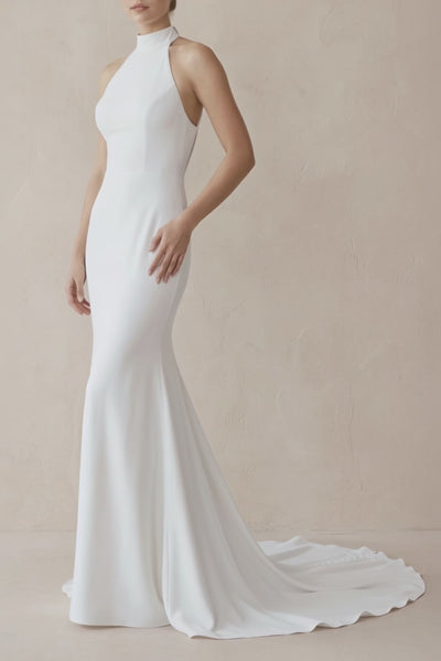Halter Mermaid Satin Wedding Dress With Beading in White - SHE IS ME Wedding Dresses