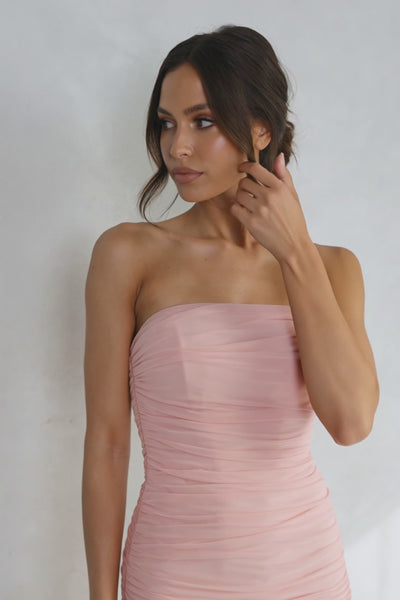 Strapless Ruched Gown With Slit in Blush Pink - SHE IS ME