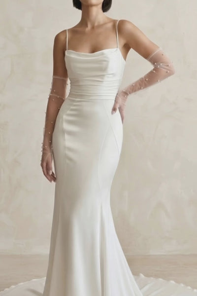 Satin Spaghetti Straps Mermaid Wedding Dress With Sleeve in White - SHE IS ME Wedding Dresses