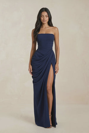 Strapless Pleated Sheath Long Prom Dress With Slit in Navy