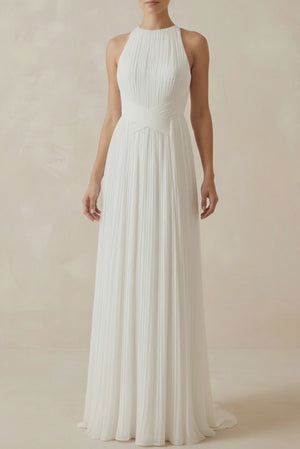 Pleated Open Back Halter A - Line Wedding Dress - SHE IS ME Wedding Dresses