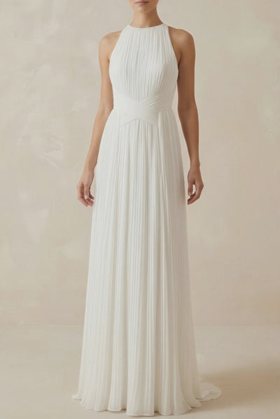 Pleated Open Back Halter A - Line Wedding Dress - SHE IS ME Wedding Dresses