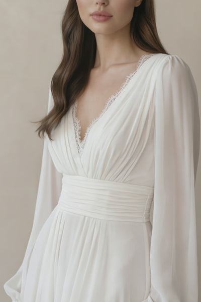 Long Sleeves Chiffon Wedding Dress With Slit in White - SHE IS ME Wedding Dresses