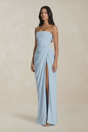 Strapless Pleated Sheath Long Prom Dress With Slit in Sky Blue