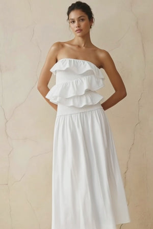 Strapless Ruffled Midi Dress in White - SHE IS ME