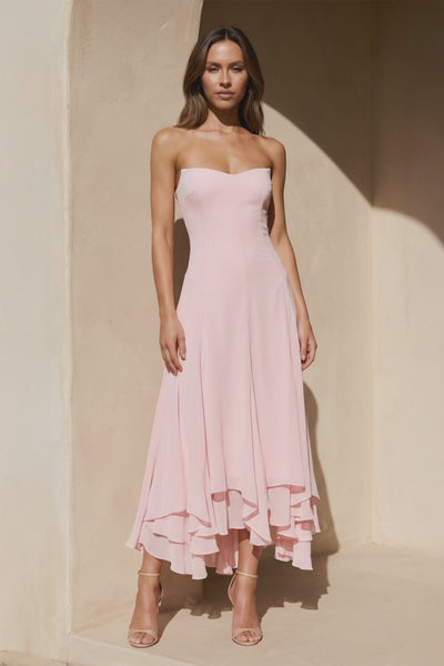 Strapless Ruffled A - Line Midi Dress in Pink - SHE IS ME
