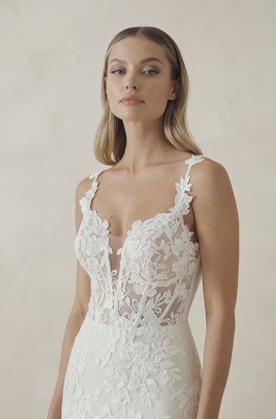 Mermaid Lace V Neck Wedding Dress in White - SHE IS ME Wedding Dresses