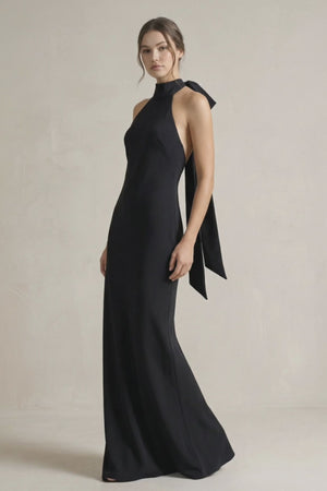 Halter Sheath Satin Bridesmaid Dress With Bow in Black - SHE IS ME Bridesmaid Dresses
