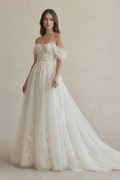 Off The Shoulder A Line Tulle Wedding Dress With Appliques in Ivory - SHE IS ME Wedding Dresses
