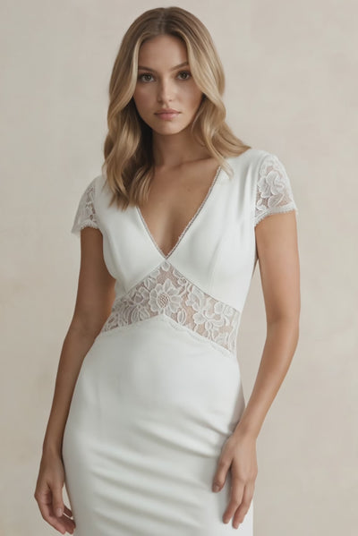 V Neck Mermaid Short Sleeves Satin Wedding Dress in White - SHE IS ME Wedding Dresses