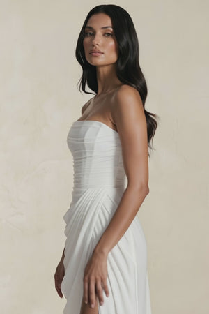 Strapless Pleated Sheath Long Prom Dress With Slit in Ivory - SHE IS ME Prom Dresses