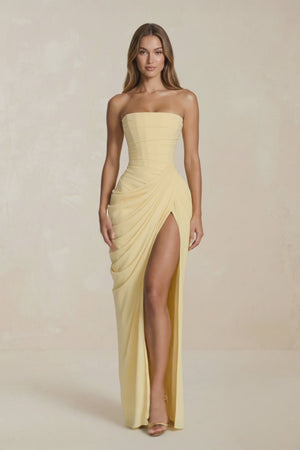 Strapless Pleated Sheath Long Prom Dress With Slit in Yellow