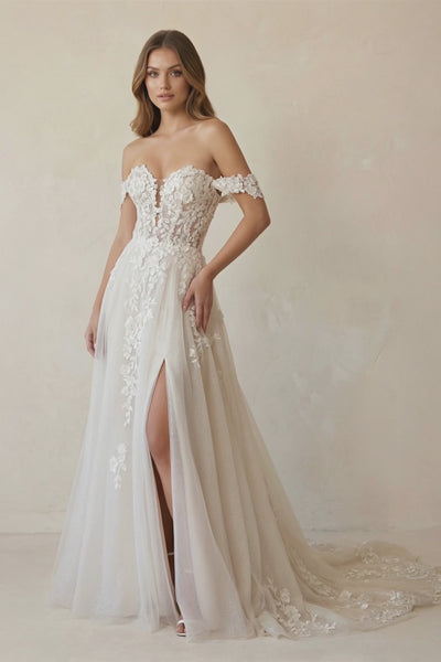 Off The Shoulder Appliqued Wedding Dress With Slit in White and Nude - SHE IS ME Wedding Dresses
